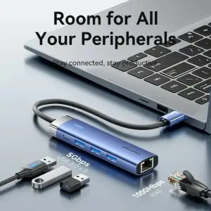 Док станція USB 3.0 -> 3xUSB 3.0/RJ45/Type-C 10W Hub Blue Aluminum Alloy 5-in-1 Vention (TGFSB) UA