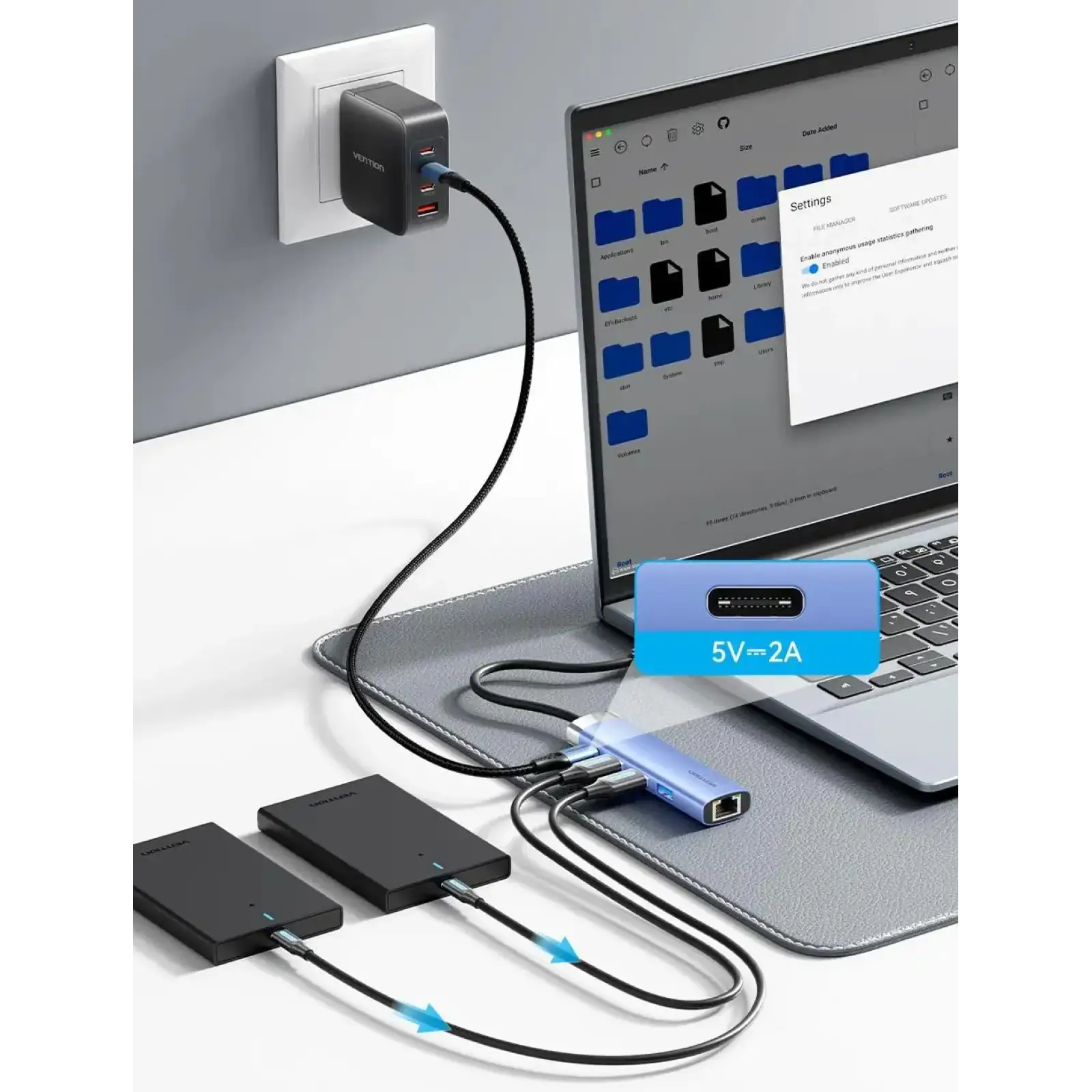 Док станція USB 3.0 -> 3xUSB 3.0/RJ45/Type-C 10W Hub Blue Aluminum Alloy 5-in-1 Vention (TGFSB) UA