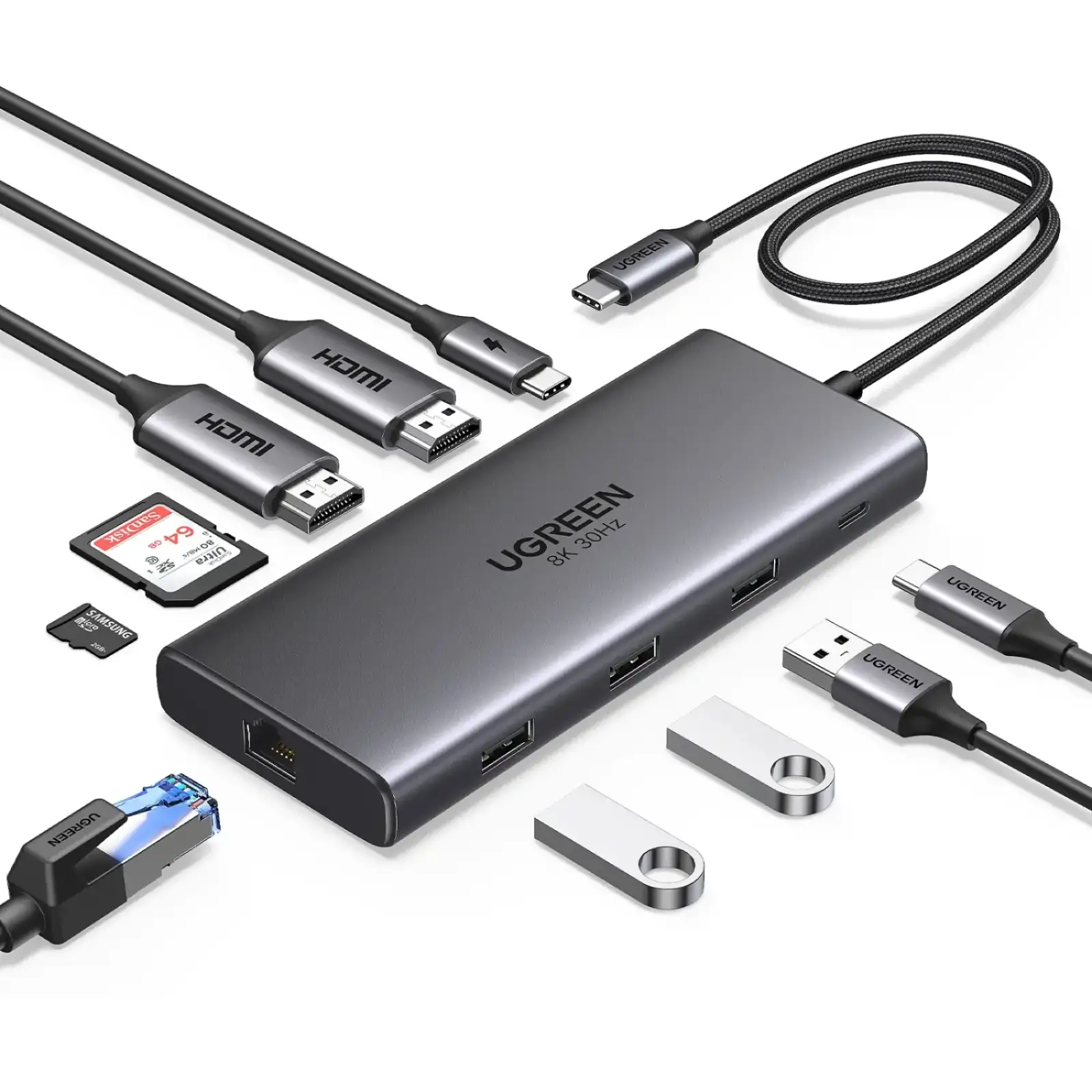 Док-станція USB3.2 Type-C --> HDMIx2,8K30Hz/4K60Hz/3xUSB-A/2xUSB-C 3.2/ RJ45/SD/TF/PD 100W CM639 (15534) UA