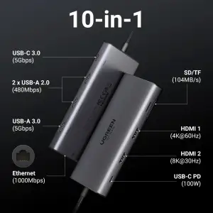 Док-станція USB3.2 Type-C --> HDMIx2,8K30Hz/4K60Hz/3xUSB-A/2xUSB-C 3.2/ RJ45/SD/TF/PD 100W CM639 (15534) UA