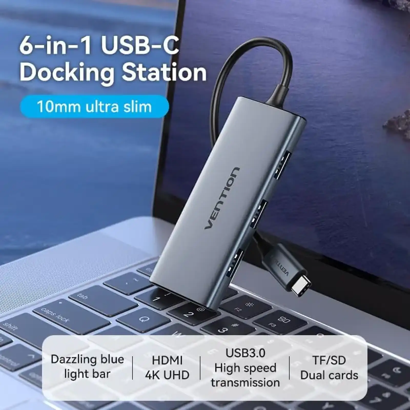Док-станція USB3.0 Type-C --> HDMI 4K30Hz/TF/3xUSB-A 3.0, 0.15м 6-in-1 Vention (TOOHB) UA