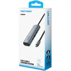 Док-станція USB3.0 Type-C --> HDMI 4K30Hz /USB 3.0/USB 2.0/Type-C 2.0/ PD 100W Hub 5-in-1 Vention (TGLHB) UA