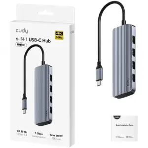 Хаб USB 3.0 Type-C -> 4xUSB-A, 1хUSB-C, 1xHDMI 4K@60 Hz, алюмінієвий корпус, Cudy (UH500) UA