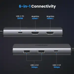 Док-станція USB3.1 Type-C --> HDMIx2,4K60Hz(8k30Hz)/USB 3.0x2/Type-C/PD 100W CM498 6 in 1 Ugreen (15852) UA