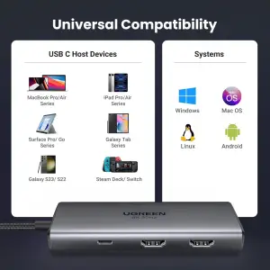 Док-станція USB3.1 Type-C --> HDMIx2,4K60Hz(8k30Hz)/USB 3.0x2/Type-C/PD 100W CM498 6 in 1 Ugreen (15852) UA