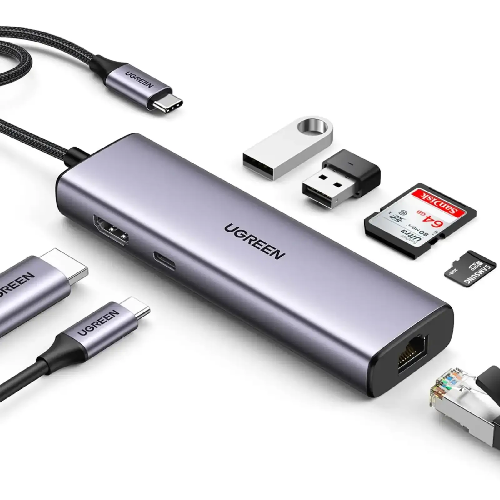 Док-станція USB3.1 Type-C --> HDMI 4K60Hz/USB 3.0x2/RJ45/SD/TF/PD 100W Ugreen CM512 Сіра (90568) UA