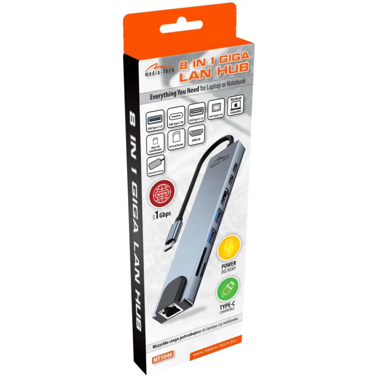 Док-станція USB3.1 Type-C -->HDMI4K60Hz/2xUSB-A/2xType-C/RJ45/SD/TF/PD 100W 8 in 1 Media-Tech (MT5046) UA