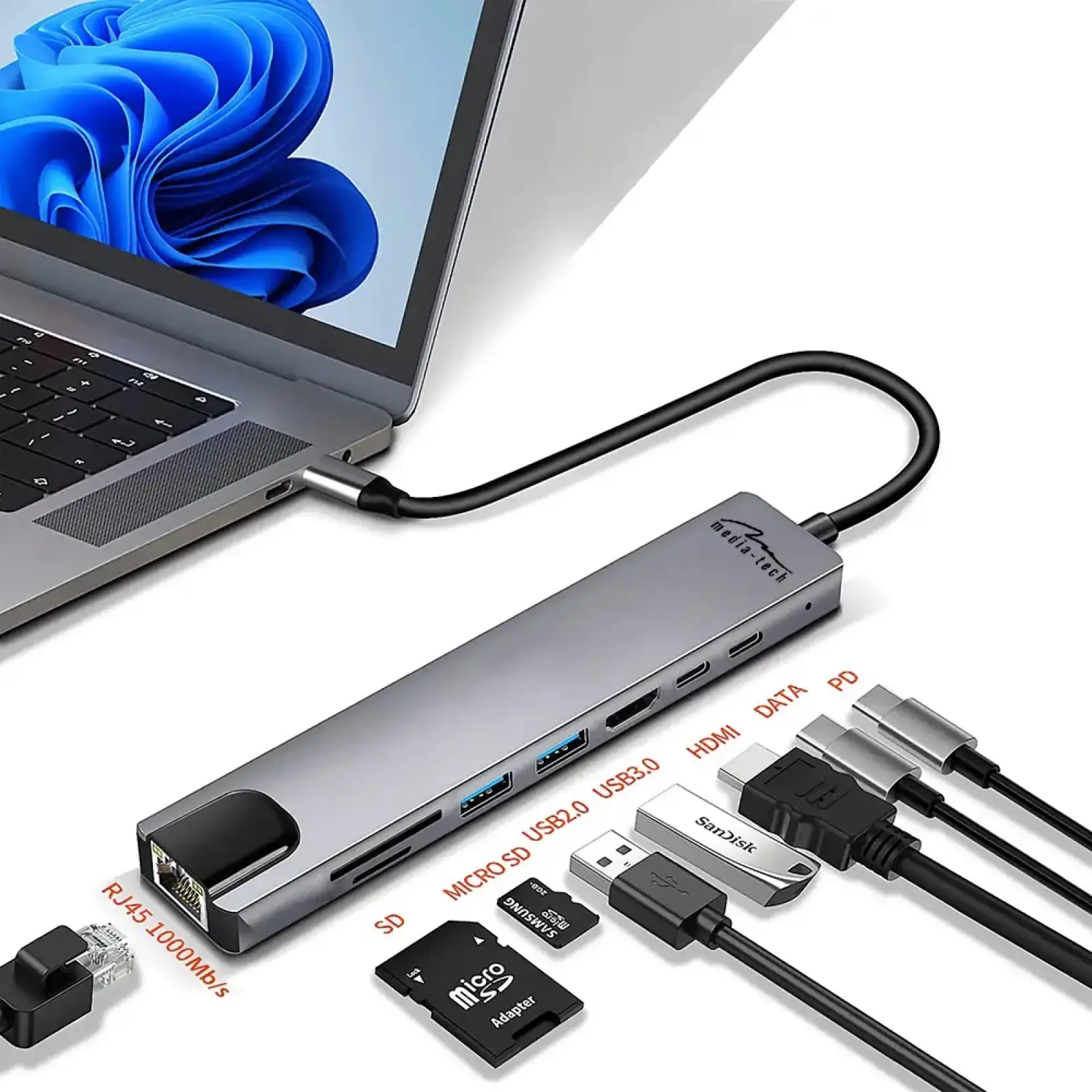 Док-станція USB3.1 Type-C -->HDMI4K60Hz/2xUSB-A/2xType-C/RJ45/SD/TF/PD 100W 8 in 1 Media-Tech (MT5046) UA