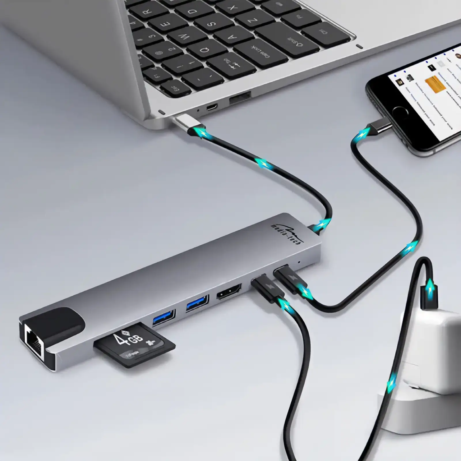 Док-станція USB3.1 Type-C -->HDMI4K60Hz/2xUSB-A/2xType-C/RJ45/SD/TF/PD 100W 8 in 1 Media-Tech (MT5046) UA