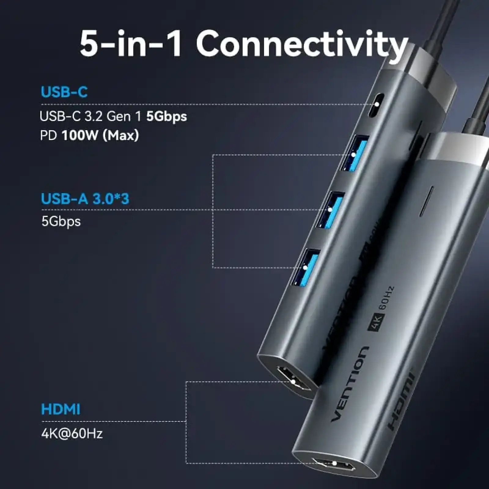 Док-станція USB3.2 Type-C --> HDMI 4K60Hz/3xUSB-A 3.0/ USB-C3.0, PD 100W 5-in-1 Vention (TGMHB) UA