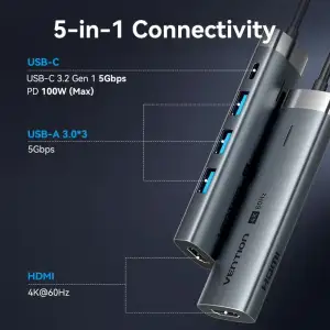 Док-станція USB3.2 Type-C --> HDMI 4K60Hz/3xUSB-A 3.0/ USB-C3.0, PD 100W 5-in-1 Vention (TGMHB) UA