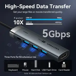 Док-станція USB3.2 Type-C --> HDMI 4K60Hz/3xUSB-A 3.0/ USB-C3.0, PD 100W 5-in-1 Vention (TGMHB) UA