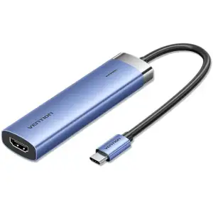 Док-станція USB3.1 Type-C --> HDMI 4K30Hz/USB 3.0x3/PD 100W Blue Aluminum Alloy Hub 5-in-1 Vention (TGESB) UA
