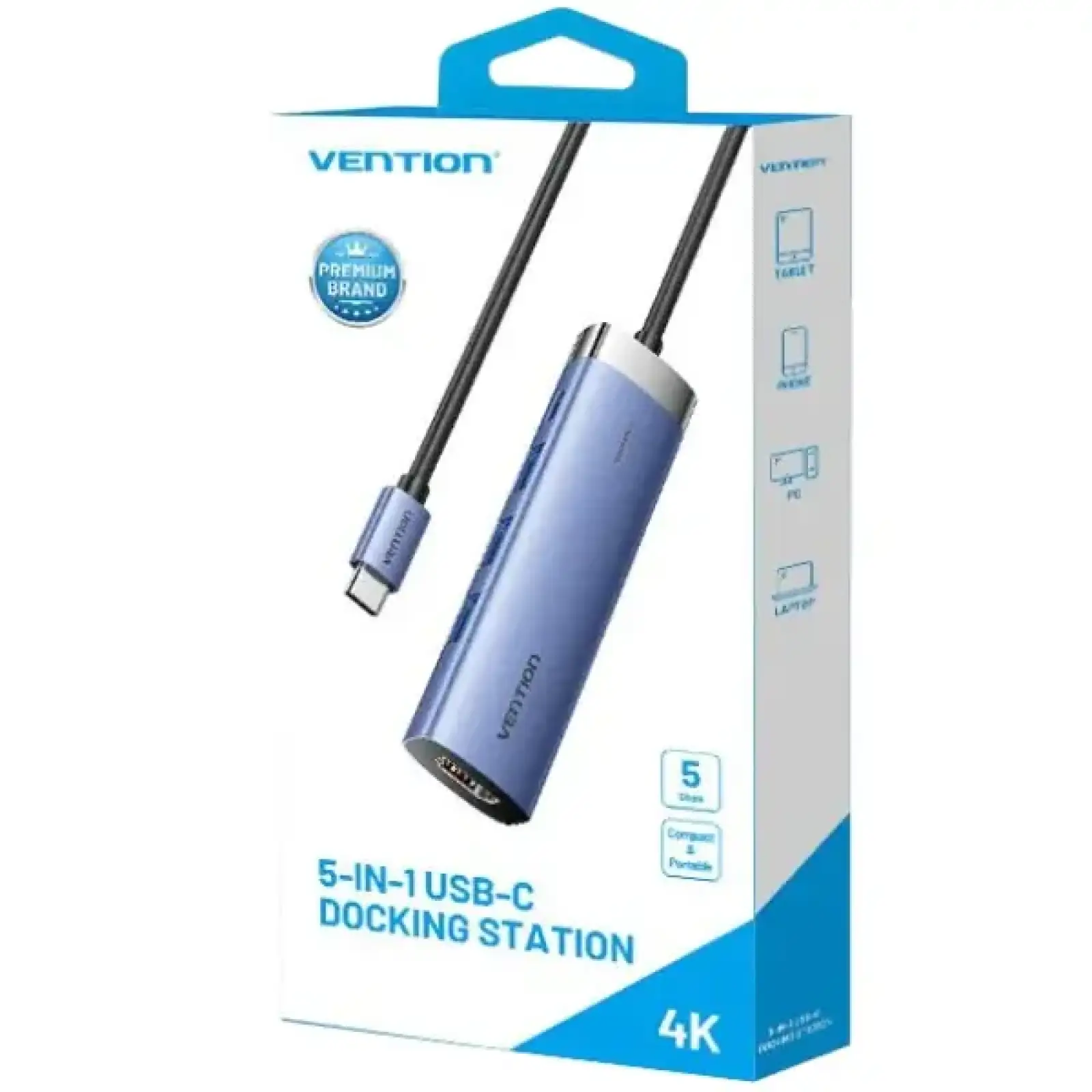 Док-станція USB3.1 Type-C --> HDMI 4K30Hz/USB 3.0x3/PD 100W Blue Aluminum Alloy Hub 5-in-1 Vention (TGESB) UA