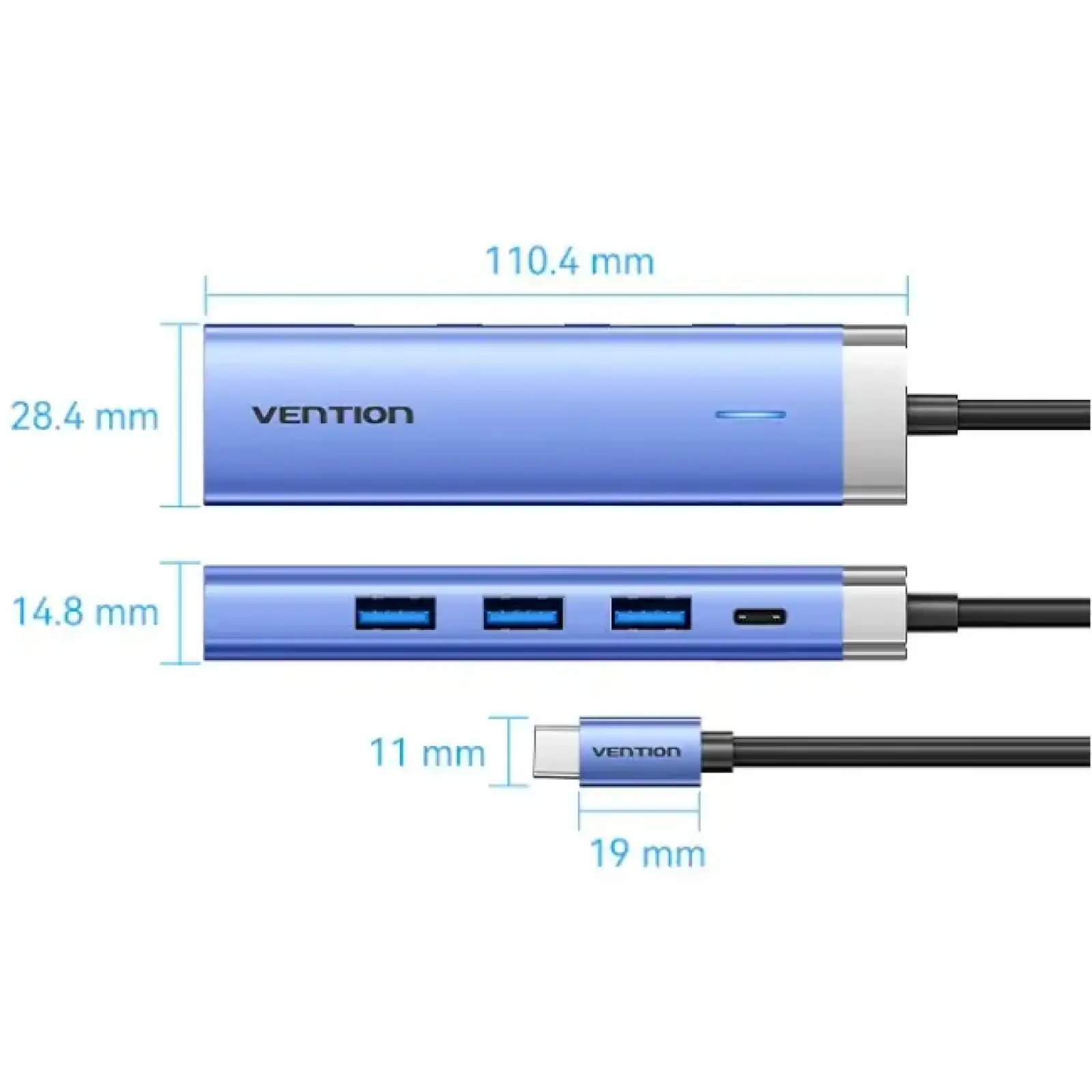 Док-станція USB3.1 Type-C --> HDMI 4K30Hz/USB 3.0x3/PD 100W Blue Aluminum Alloy Hub 5-in-1 Vention (TGESB) UA