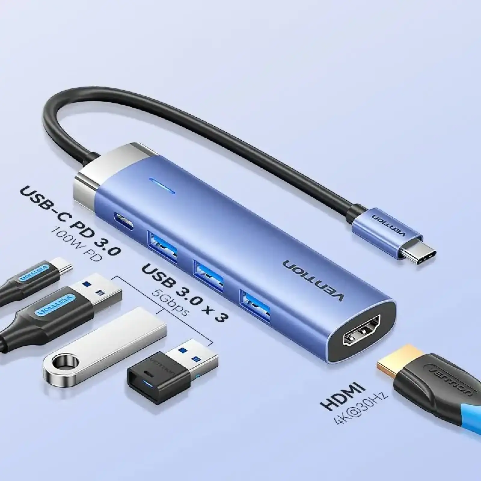 Док-станція USB3.1 Type-C --> HDMI 4K30Hz/USB 3.0x3/PD 100W Blue Aluminum Alloy Hub 5-in-1 Vention (TGESB) UA