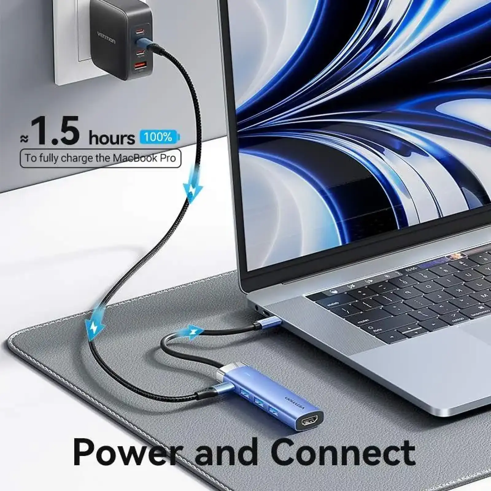 Док-станція USB3.1 Type-C --> HDMI 4K30Hz/USB 3.0x3/PD 100W Blue Aluminum Alloy Hub 5-in-1 Vention (TGESB) UA
