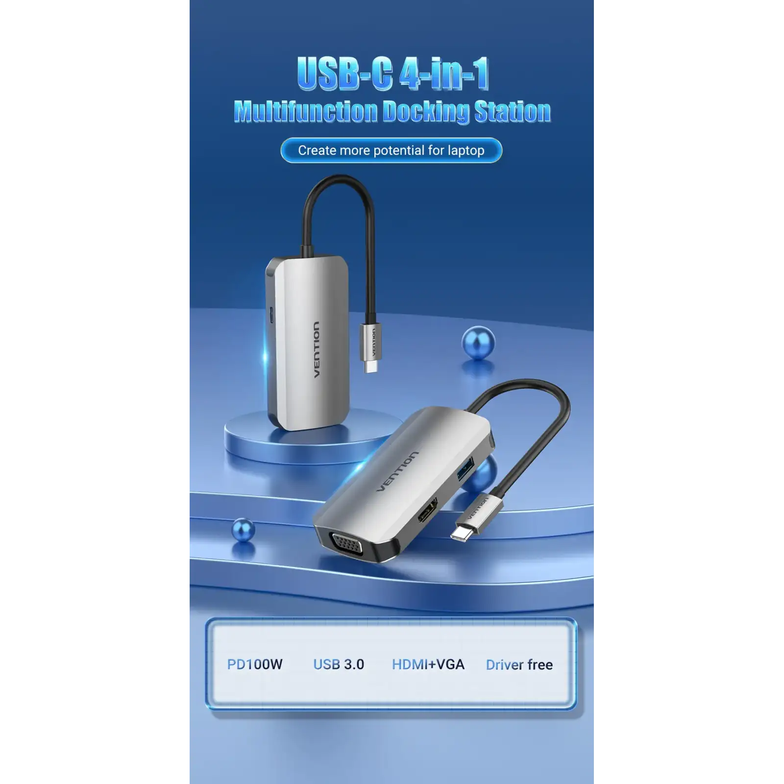 Док-станція USB3.1 Type-C --> HDMI 4K30Hz/VGA/USB 3.0/PD 100W Hub 4-in-1 Vention (TOAHB) UA