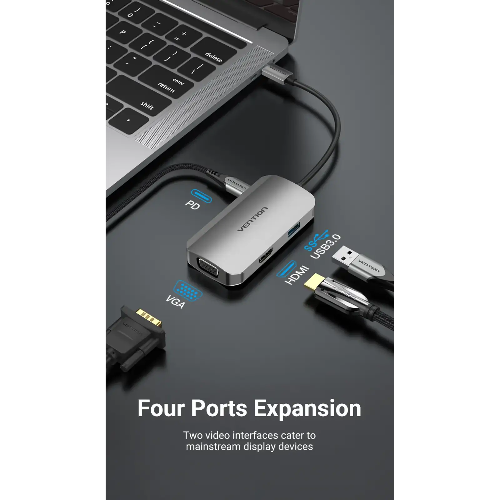 Док-станція USB3.1 Type-C --> HDMI 4K30Hz/VGA/USB 3.0/PD 100W Hub 4-in-1 Vention (TOAHB) UA