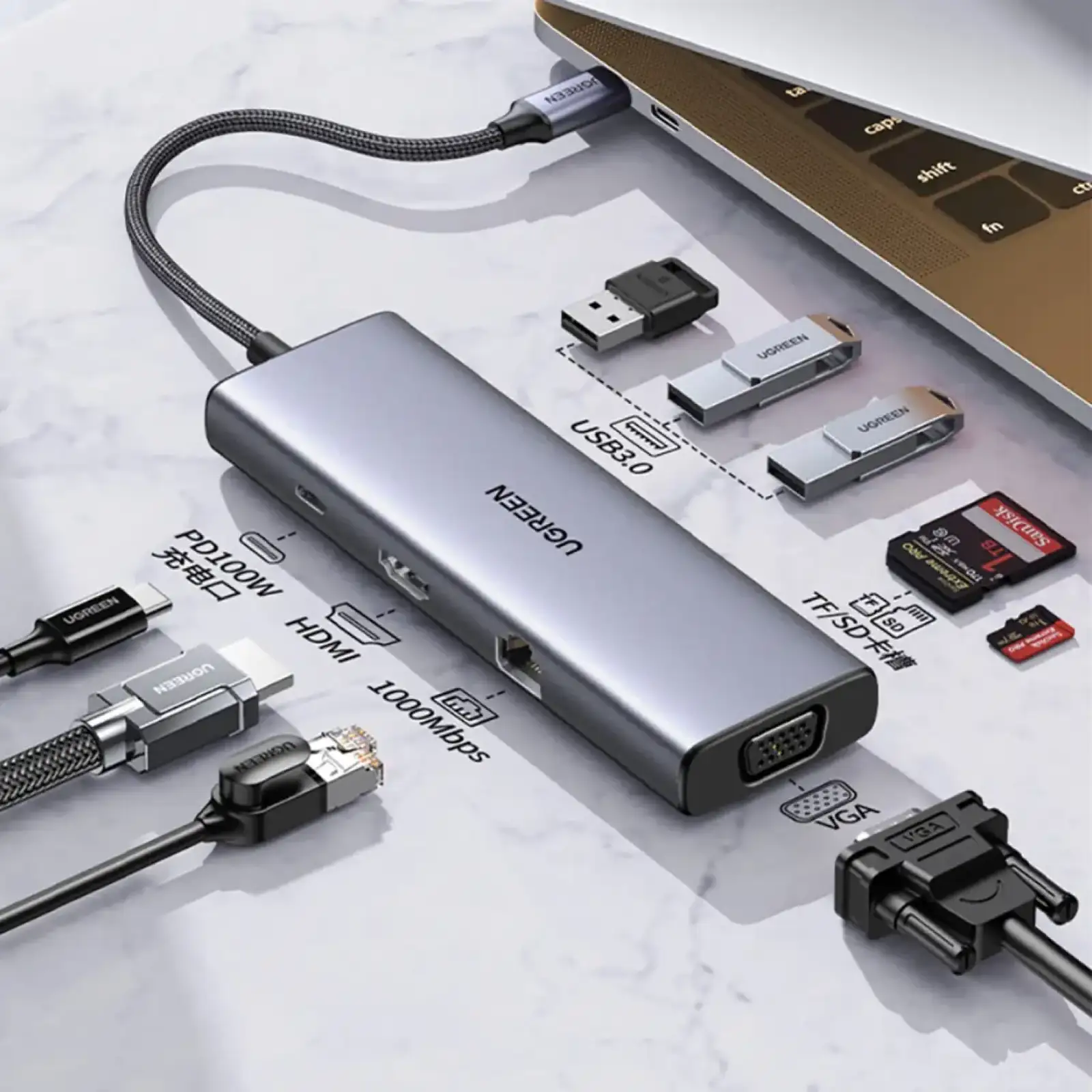 Док-станція USB3.1 Type-C --> HDMI 4K30Hz/VGA/USB 3.0х3/RJ45/SD/TF/PD/3,5мм TRRS 100W 10-in-1 CM498 (15601) UA