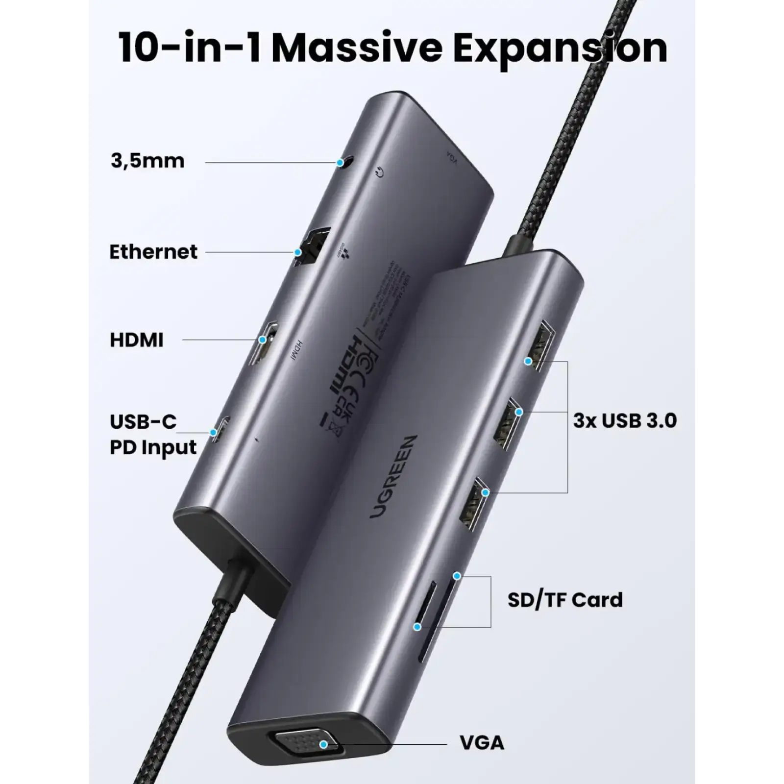 Док-станція USB3.1 Type-C --> HDMI 4K30Hz/VGA/USB 3.0х3/RJ45/SD/TF/PD/3,5мм TRRS 100W 10-in-1 CM498 (15601) UA