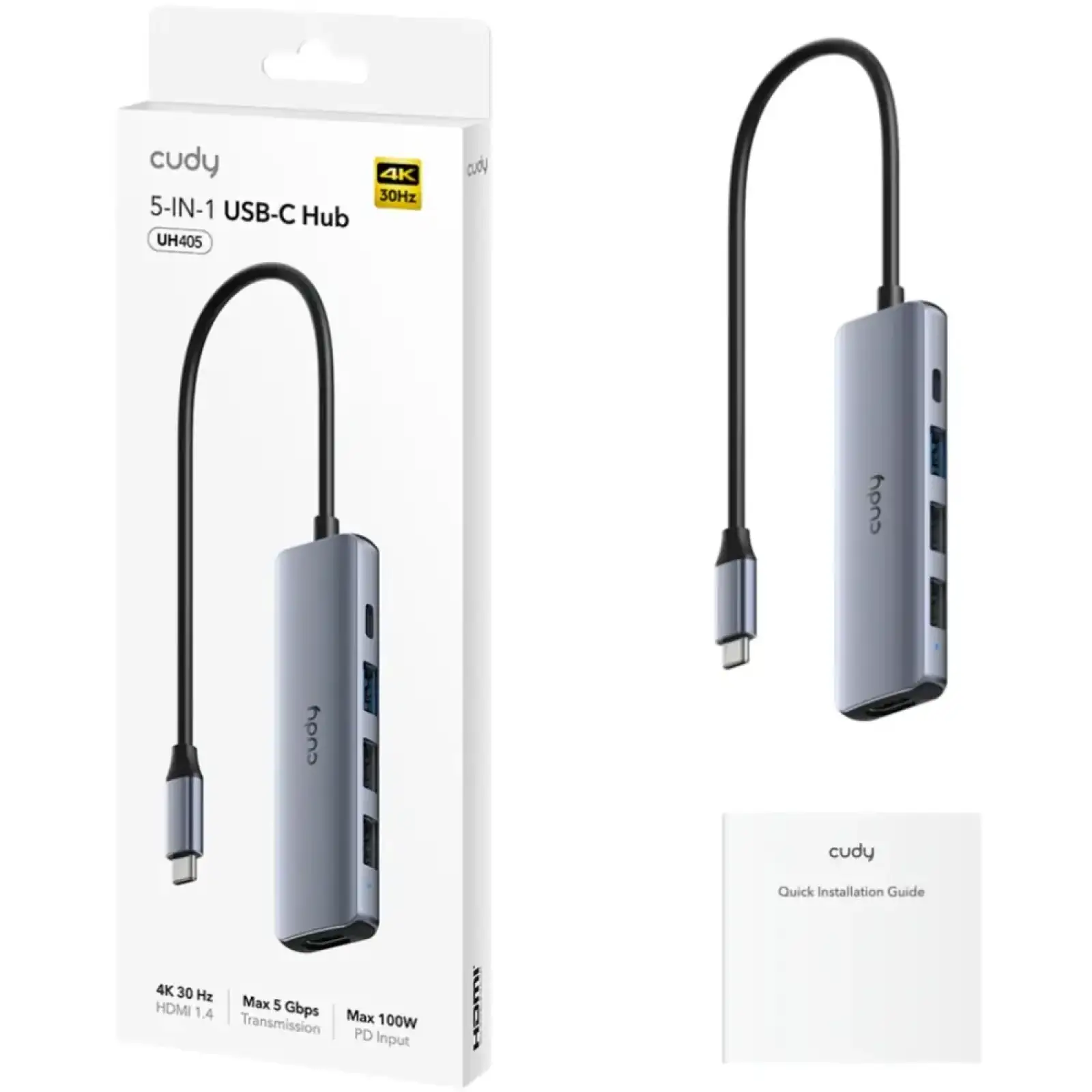 Док станція USB-С 5-в-1,HDMI 4К30Hz,Type-C PD 100Вт,1хUSB-A 3.0 5 Гбіт/с,2хпередачі даних USB-A Cudy (UH405) UA
