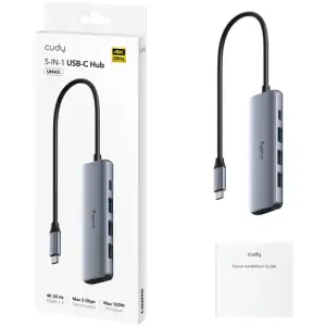 Док станція USB-С 5-в-1,HDMI 4К30Hz,Type-C PD 100Вт,1хUSB-A 3.0 5 Гбіт/с,2хпередачі даних USB-A Cudy (UH405) UA