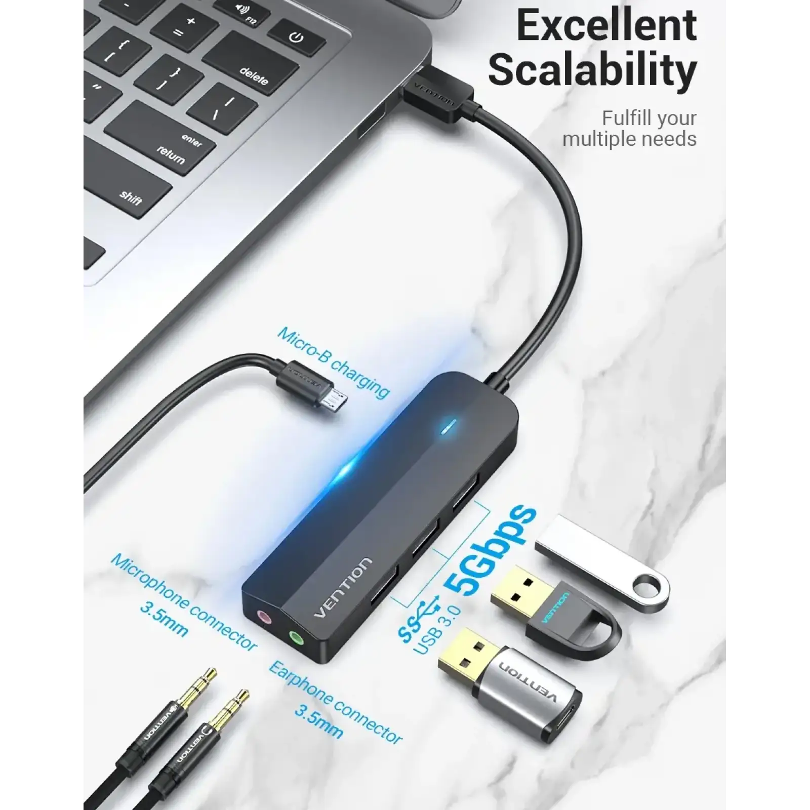 Док станція USB 3.0 -> 3хUSB 3.0/2хTRS Audio/USB MicroUSB 10W, 1.0 м. Vention (CHIBF) UA
