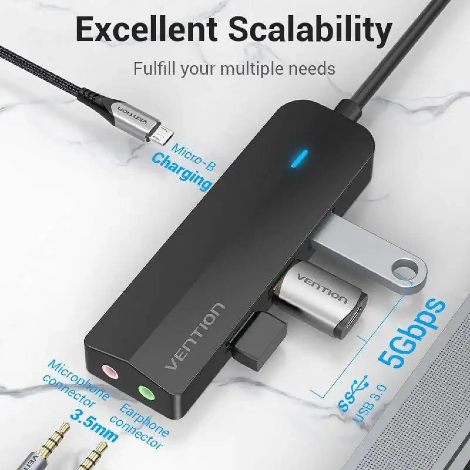 Док-станція USB 3.1 Type-C -> 3xUSB 3.0/3.5mm Sound Adapter/MicroUSB 10W чорний Vention (TGQBB) UA