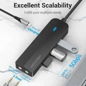 Док-станція USB 3.1 Type-C -> 3xUSB 3.0/3.5mm Sound Adapter/MicroUSB 10W чорний Vention (TGQBB) UA