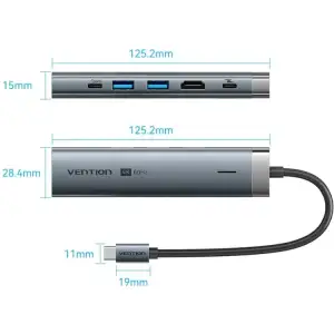 Док-станція USB3.2 Type-C --> HDMI 4K60Hz/USB 3.0x2/RJ45/PD 100W Hub 6-in-1 Vention (TGNHB) UA