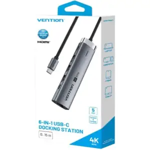 Док-станція USB3.2 Type-C --> HDMI 4K60Hz/USB 3.0x2/RJ45/PD 100W Hub 6-in-1 Vention (TGNHB) UA
