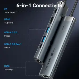 Док-станція USB3.2 Type-C --> HDMI 4K60Hz/USB 3.0x2/RJ45/PD 100W Hub 6-in-1 Vention (TGNHB) UA