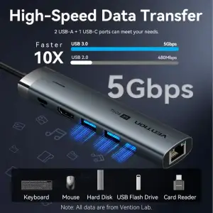 Док-станція USB3.2 Type-C --> HDMI 4K60Hz/USB 3.0x2/RJ45/PD 100W Hub 6-in-1 Vention (TGNHB) UA