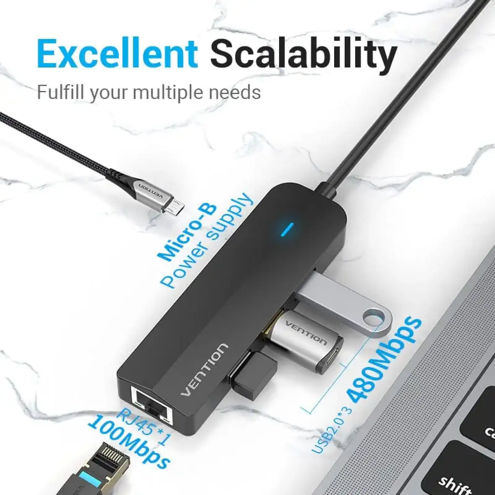 Док станція USB 3.1 Type-C -> 3xUSB 2.0/RJ45/MicroUSB 10W 100Mb Ethernet Black Vention (TGOBB) UA