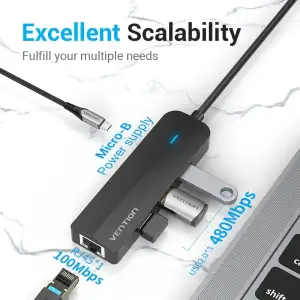 Док станція USB 3.1 Type-C -> 3xUSB 2.0/RJ45/MicroUSB 10W 100Mb Ethernet Black Vention (TGOBB) UA