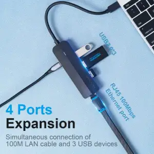 Док станція USB 3.1 Type-C -> 3xUSB 2.0/RJ45/MicroUSB 10W 100Mb Ethernet Black Vention (TGOBB) UA