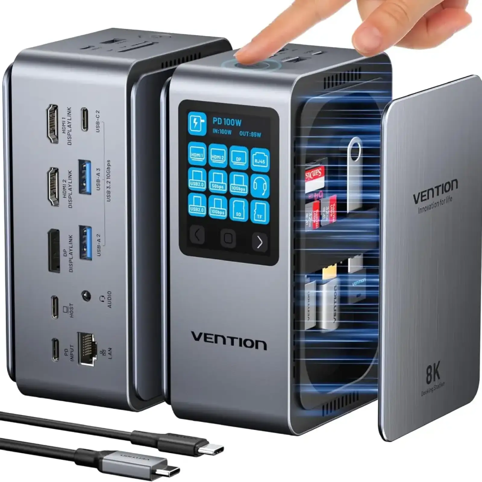 Док-станція USB3.2 Type-C --> HDMIx2, 8K30Hz/DP/USB-C3.2/2xUSB-A3.2/USB-A2.0/SD/TF/RJ45/3.5mm TRRS/P (TFXH0) UA