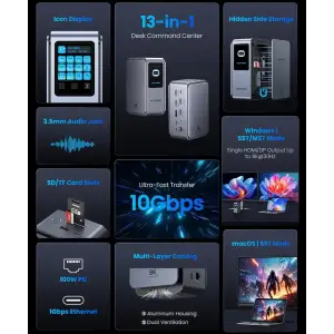 Док-станція USB3.2 Type-C --> HDMIx2, 8K30Hz/DP/USB-C3.2/2xUSB-A3.2/USB-A2.0/SD/TF/RJ45/3.5mm TRRS/P (TFXH0) UA