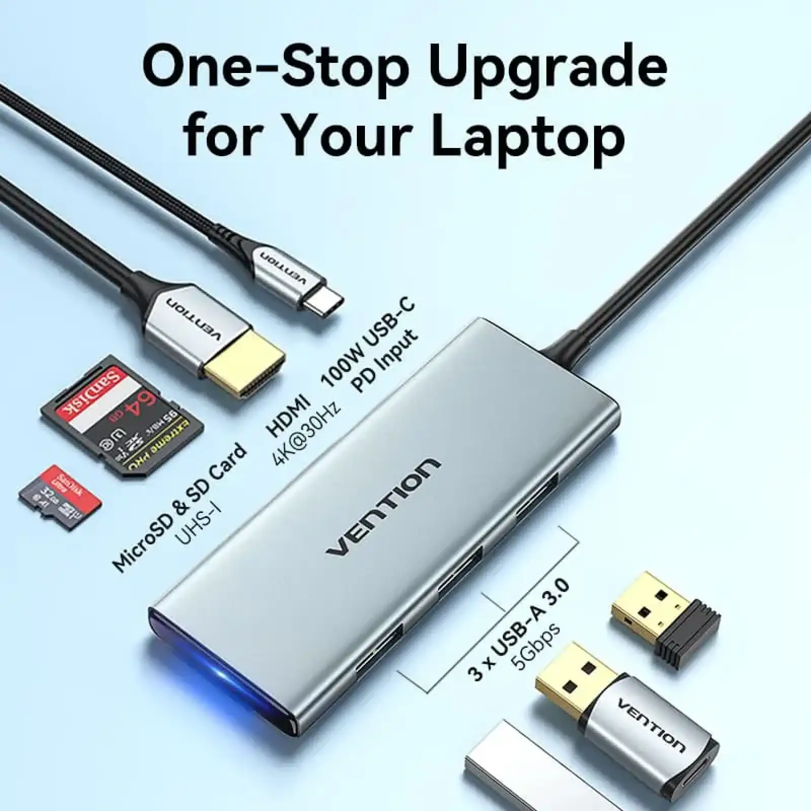 Док-станція USB3.1 Type-C --> HDMI 4K30Hz/USB 3.0x3/SD/TF/PD 100W 7-in-1 Vention (TOPHB) UA