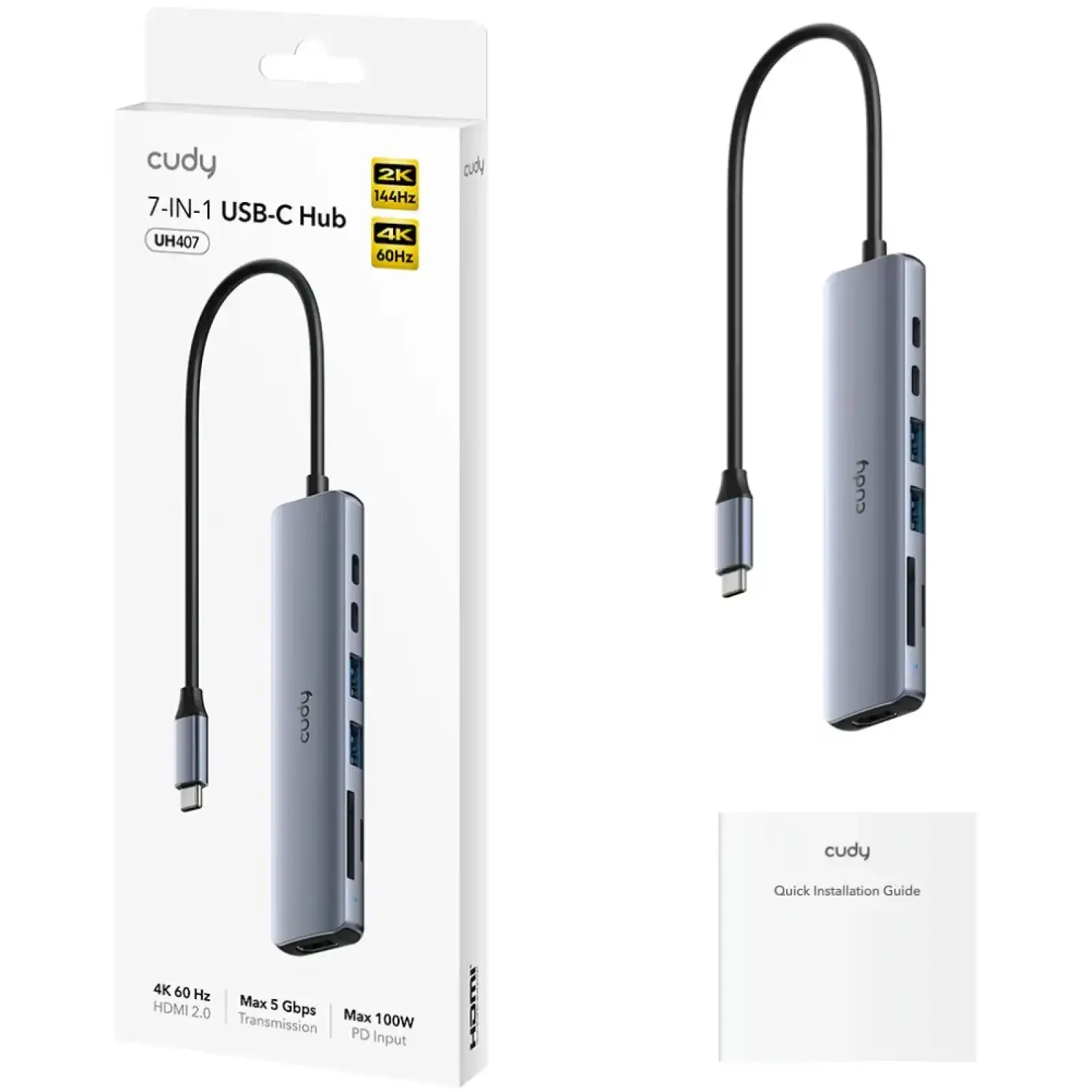 Хаб USB 3.0 Type-C -> 2xUSB-A, 2xUSB-C, 1xHDMI 4K@60Hz SD-card, TF-card, алюмінієвий корпус, CUDY (UH407) UA