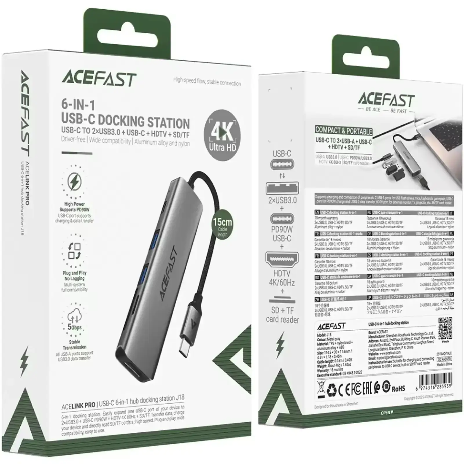Док-станція USB3.0 Type-C --> HDMI4K@60Hz/2xUSB-A 3.0/TF/SD/USB-C 90W Hub 6-in-1 J18 Acefast (6974316285939) UA