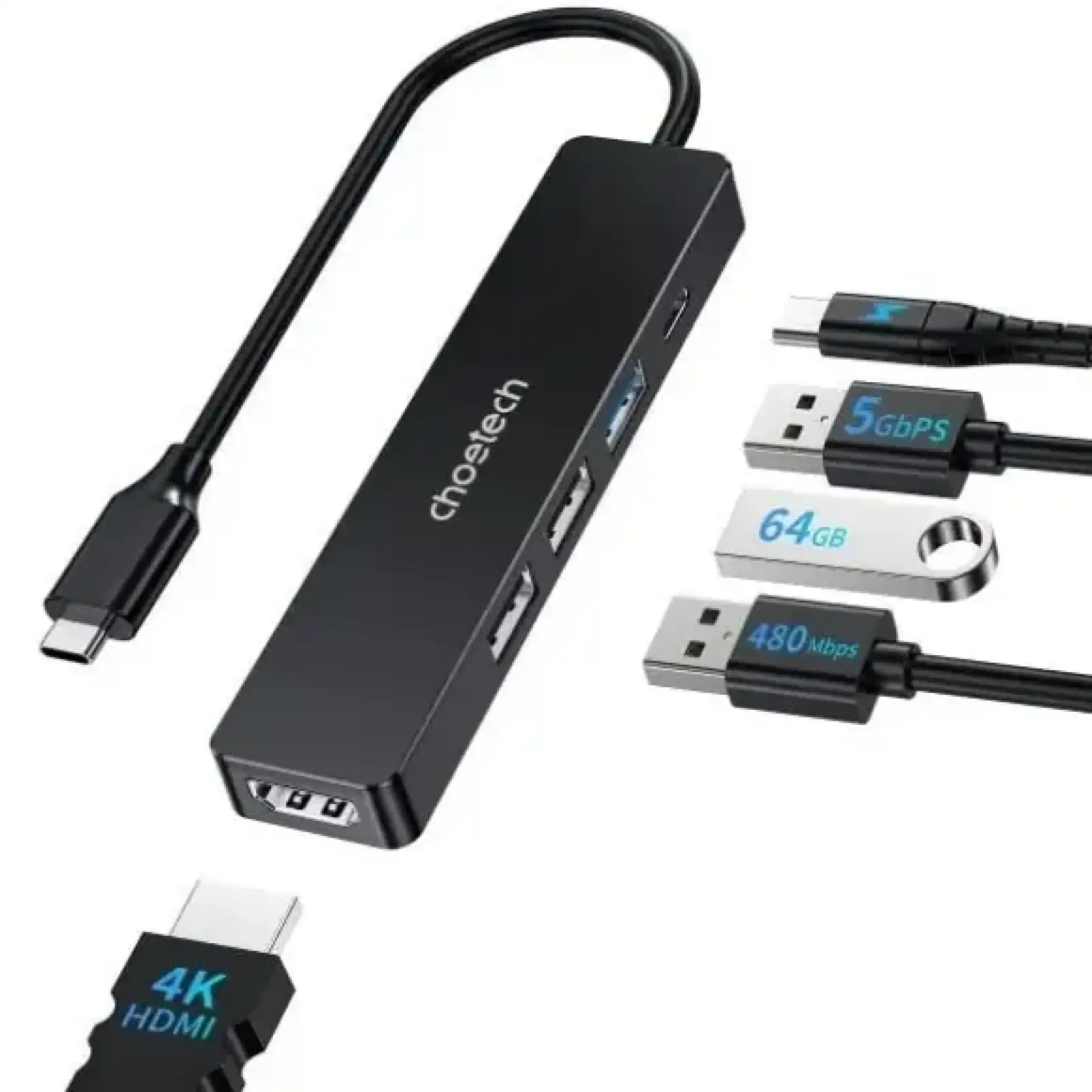 Док-станція USB 3.0 -->HDMI 4K30Hz/USB2.0x2/USB 3.0/USB-C PD 100W 5 in 1 Hub Choetech (HUB-M80-BK) UA