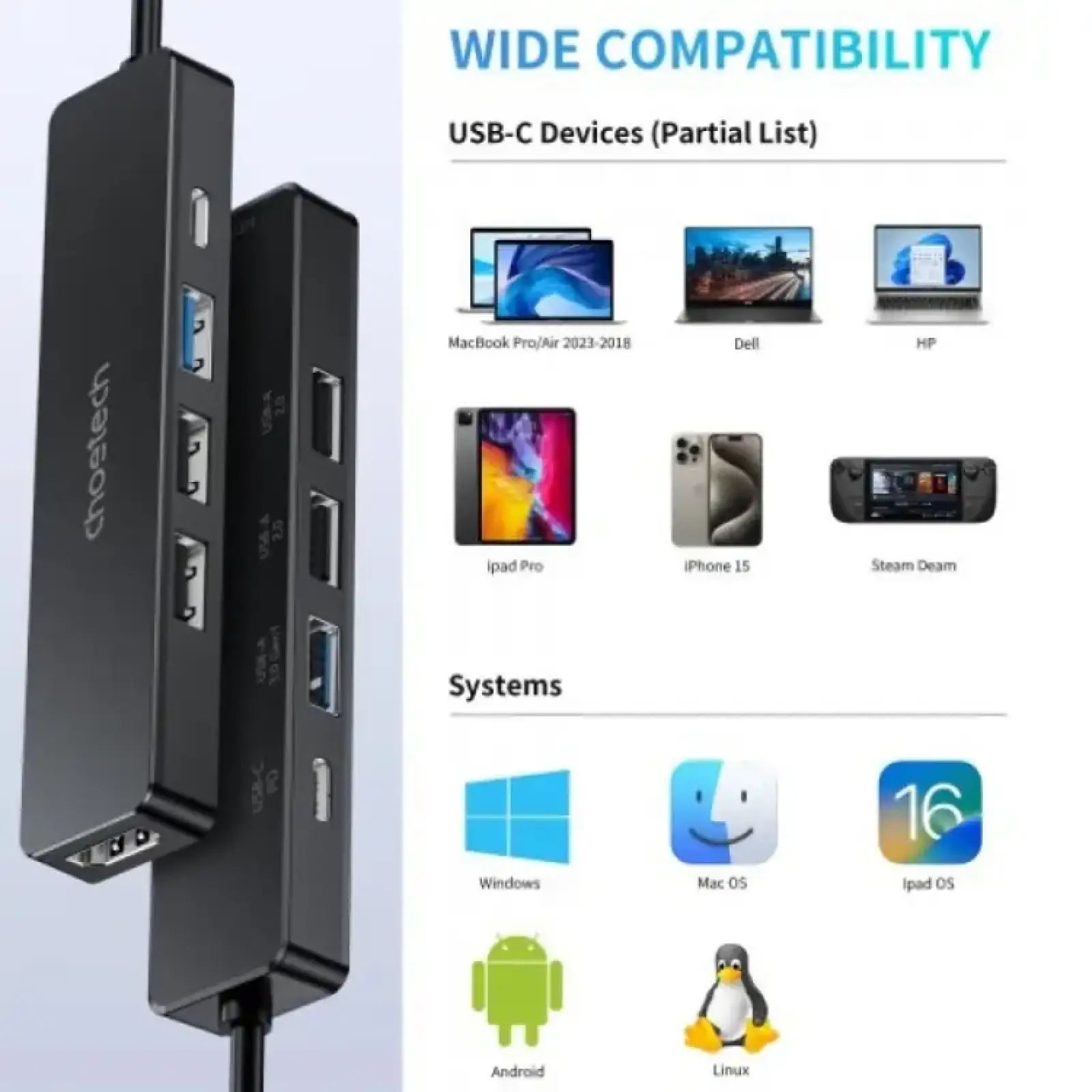Док-станція USB 3.0 -->HDMI 4K30Hz/USB2.0x2/USB 3.0/USB-C PD 100W 5 in 1 Hub Choetech (HUB-M80-BK) UA