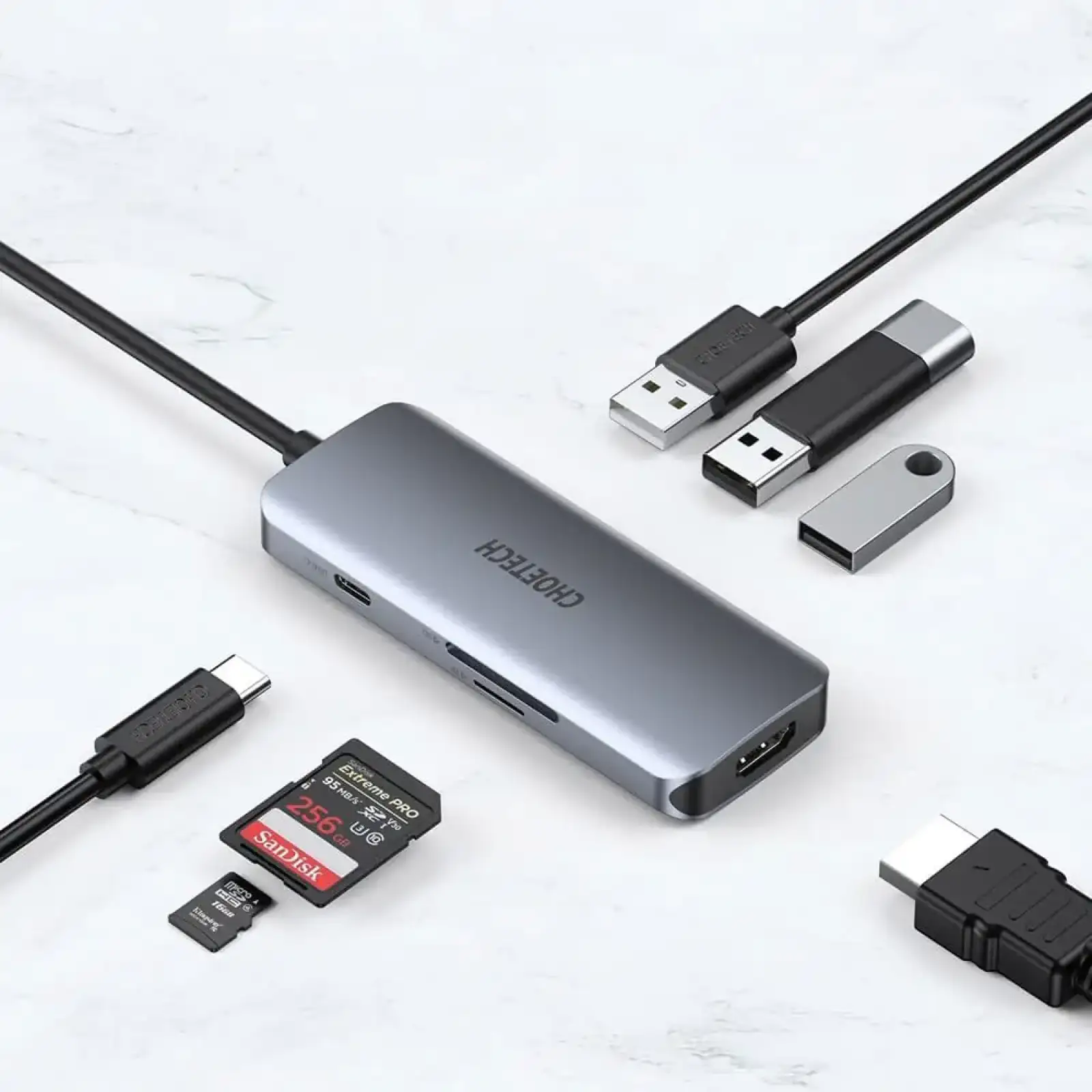 Док-станція USB3.1 Type-C -->HDMI4K30Hz/3хUSB 3.0/Type-C/ PD100W/SD/TF 7 in 1Choetech (HUB-M19-GY) UA