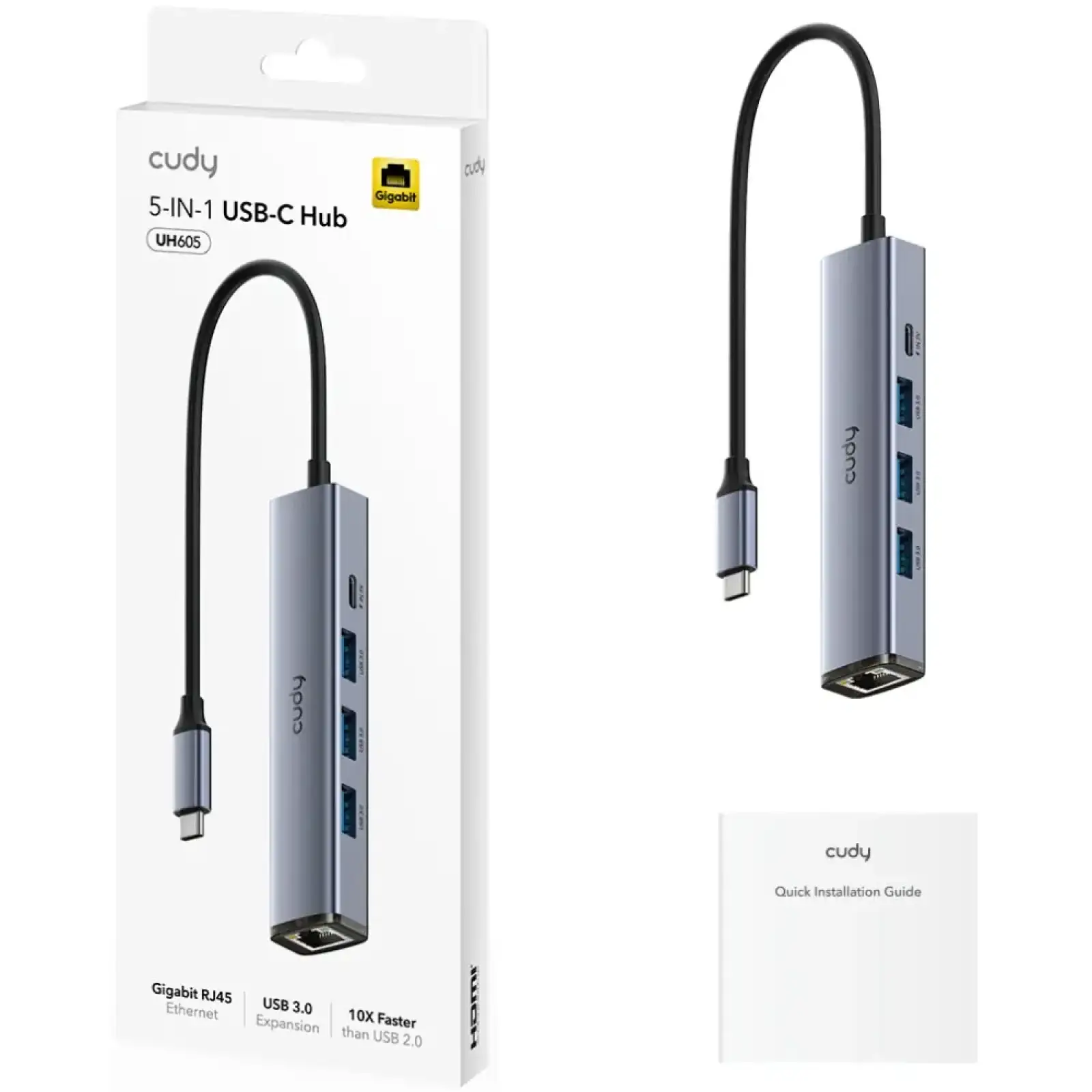 Хаб USB 3.0 Type-C -> 3хUSB-A, 1хUSB-C (5 Гбіт/с), 1xGigabit Ethernet port, алюмінієвий корпус, Cudy (UH605) UA