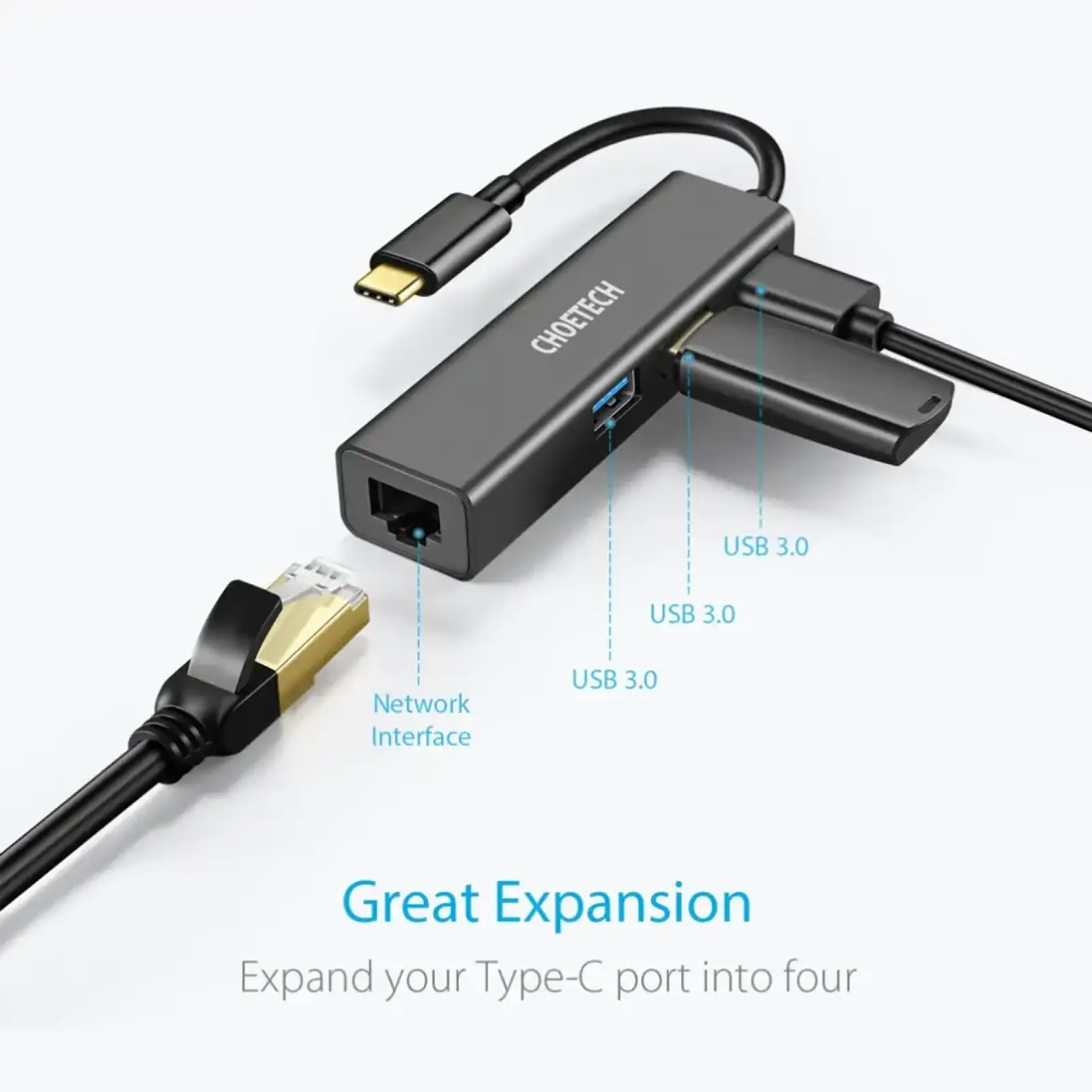 Док-станція USB 3.1 Type-C -> 3хUSB 3.0+RJ45(1000M) Ethernet 4 in 1 Hub Choetech (HUB-U02-BK) UA