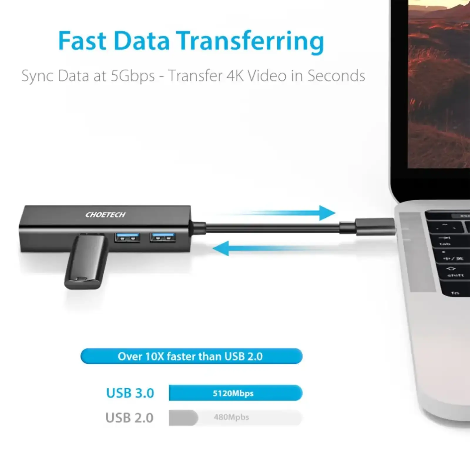 Док-станція USB 3.1 Type-C -> 3хUSB 3.0+RJ45(1000M) Ethernet 4 in 1 Hub Choetech (HUB-U02-BK) UA