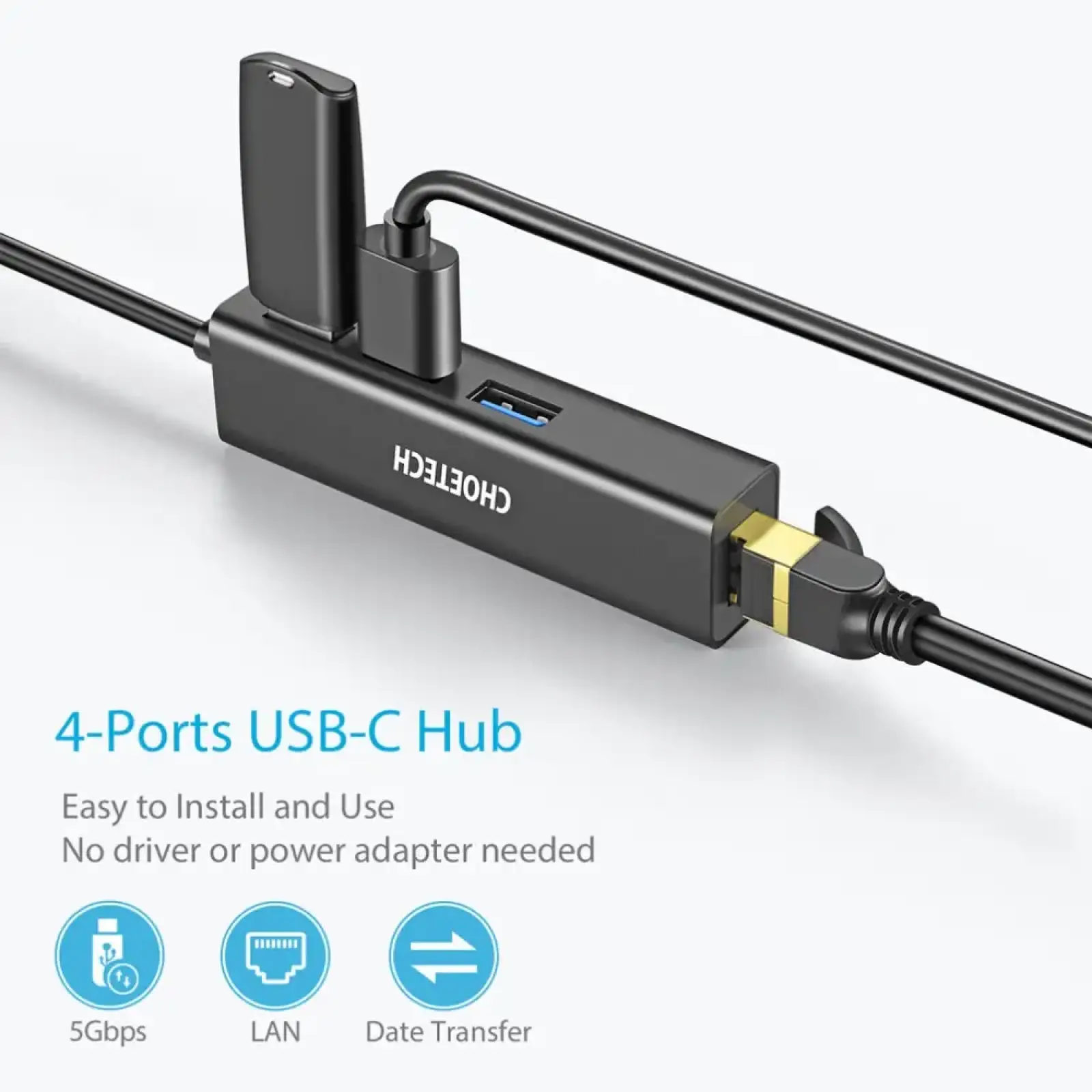 Док-станція USB 3.1 Type-C -> 3хUSB 3.0+RJ45(1000M) Ethernet 4 in 1 Hub Choetech (HUB-U02-BK) UA