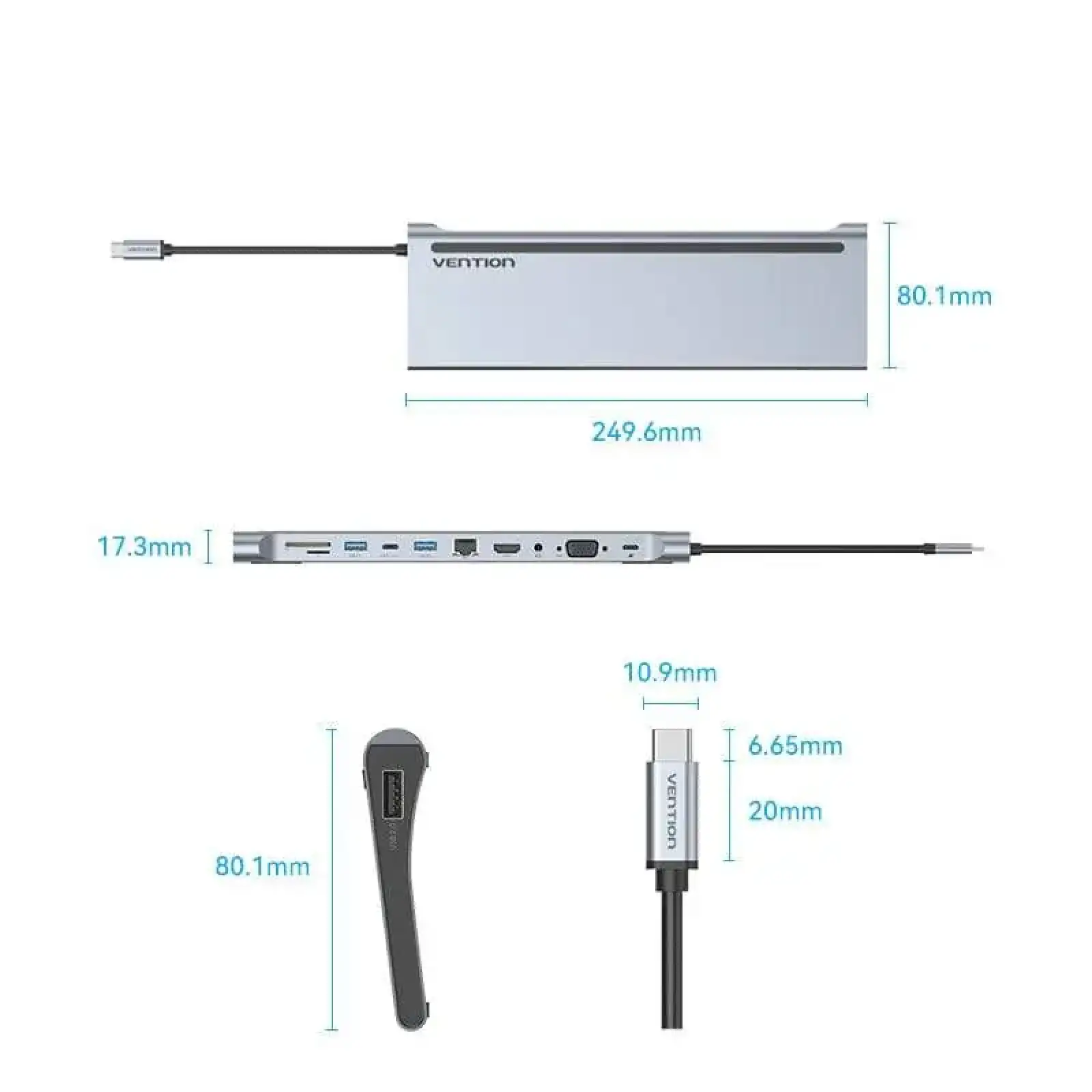 Док-станція USB3.1 Type-C --> HDMI 4K30Hz/VGA/USB3.0x3/RJ45/SD/TF/TRRS 3.5mm/PD 100W Vention 11in1 (THTHC) UA